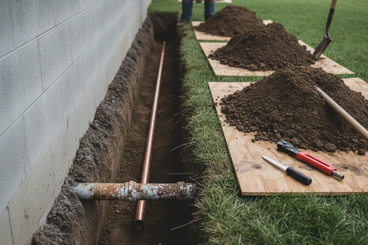 Excavated water line trench during Water Softener Installation in Critz
